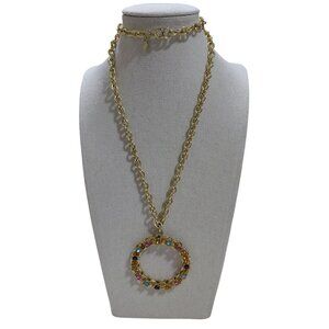 Vintage Sarah Cov Gold-Tone Circle Multicolor Rhinestone Pendant Necklace 28"